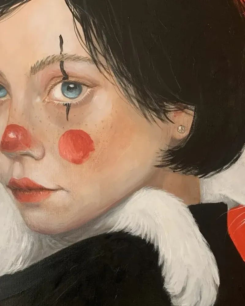 Клоунесса и белый кот. Картина маслом 60×70 см — 60×70 см