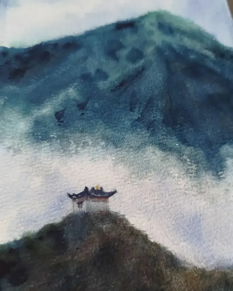 Тишина. Пагода в горах, акварель — 13×19 см