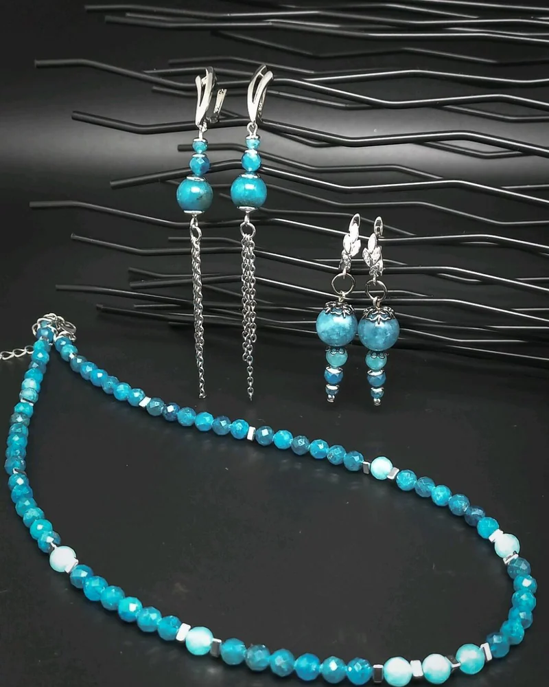Серьги браслет колье Марина из апатита и амазонита комплект