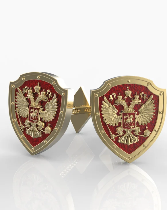 Запонки золотые "Российский герб" с эмалью из золота 585 — цвет: красный