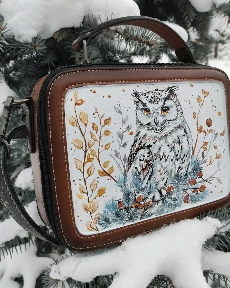 Сумка «Белая сова» с росписью — коричневая