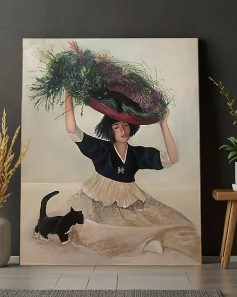Девушка с цветами и котятами. Картина маслом 80×100 см — 80×100 см