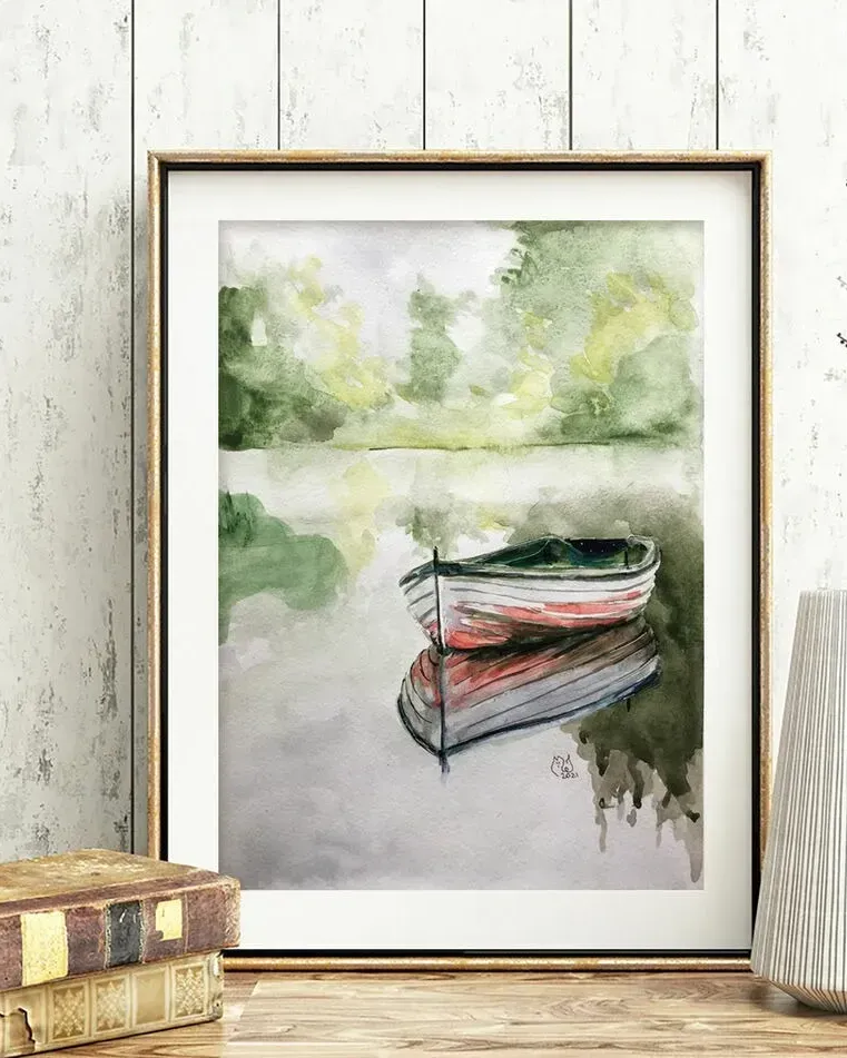 Летний пейзаж с лодкой. Акварель 20×30 см — 20×30 см