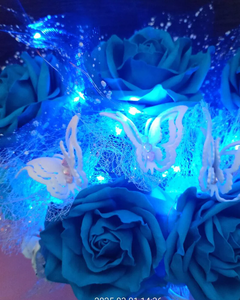 Букет из роз и бабочек с подсветкой — 5 роз, голубая подсветка