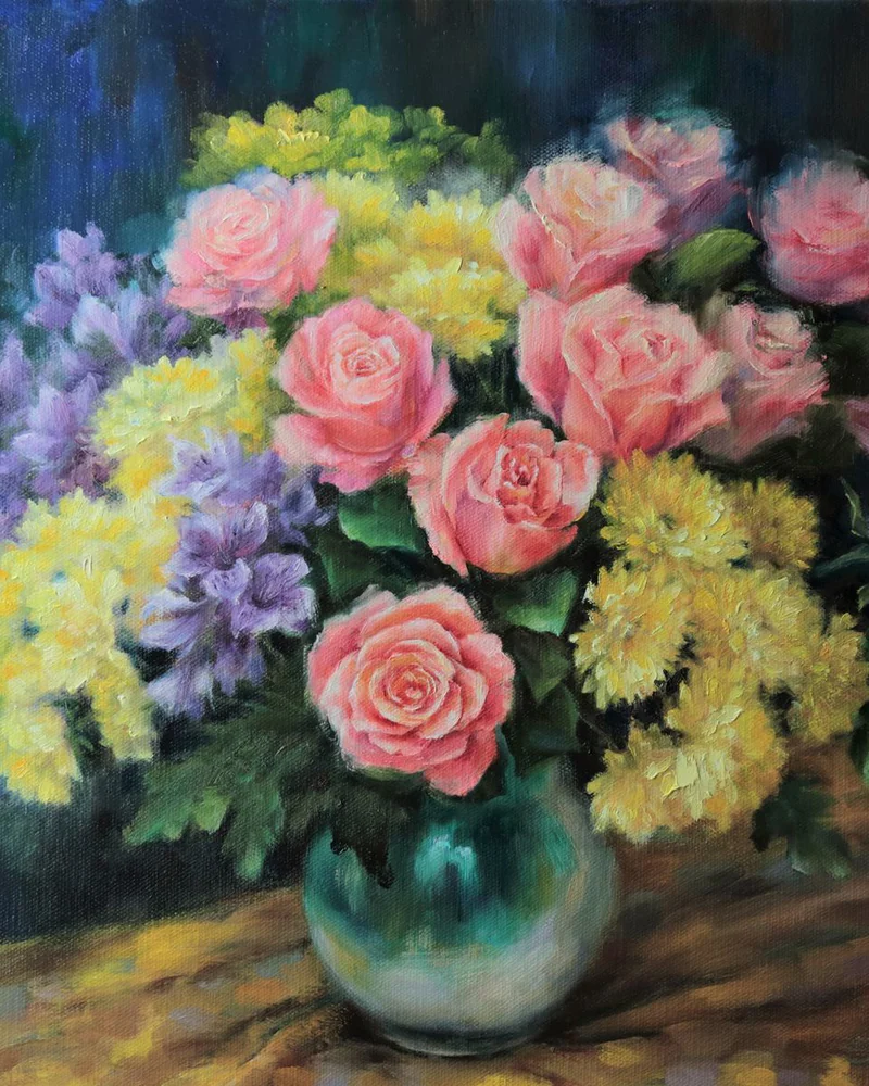 Букет в зелёном кувшине. Картина маслом на холсте