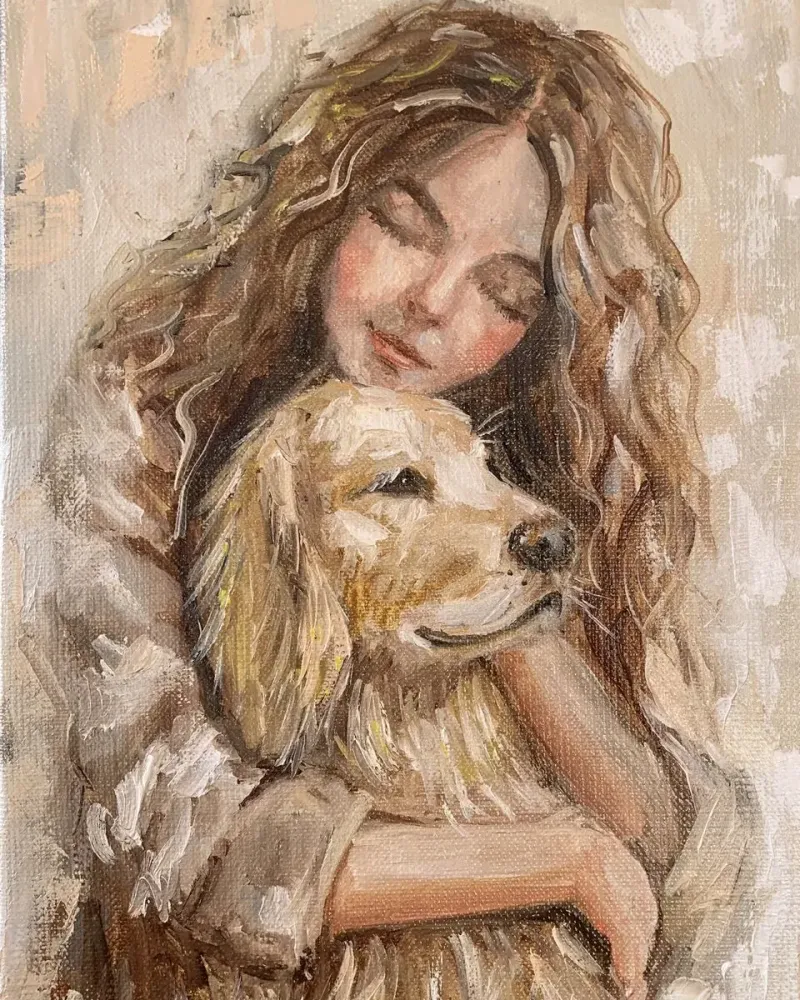 Девочка с собакой 2. Картина маслом 20×30 см — 20×30 см