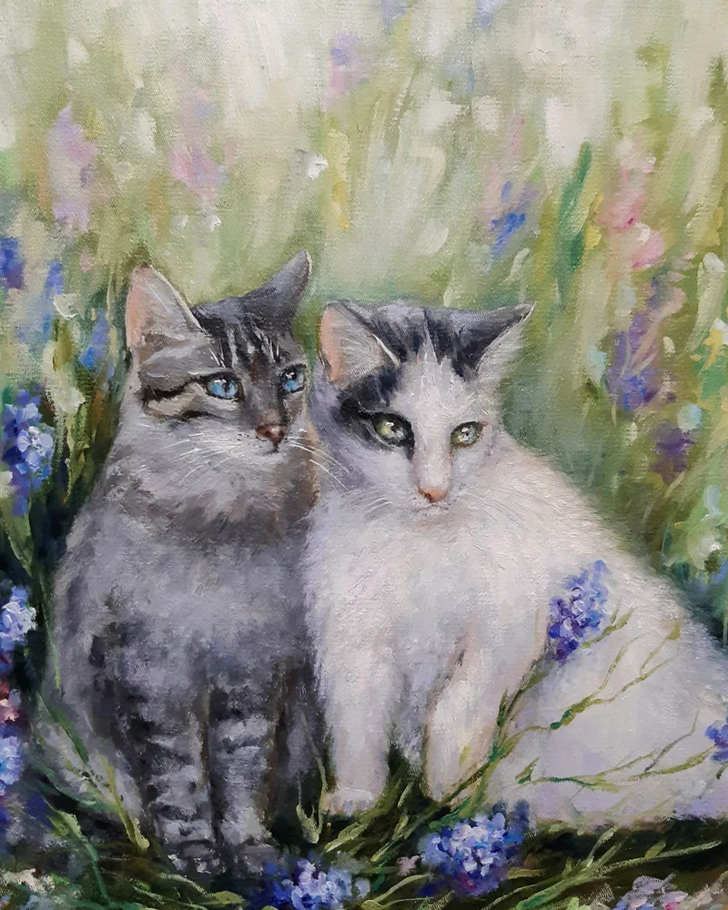 Картина с котами Друзья на летней лужайке