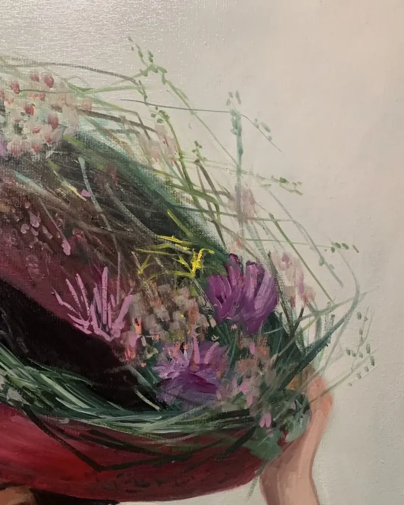 Девушка с цветами и котятами. Картина маслом 80×100 см — 80×100 см