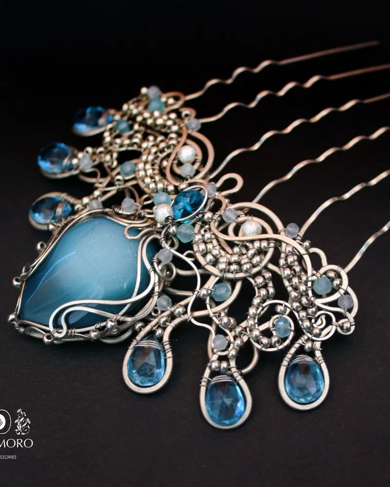 Гребень корона свадебный с камнями голубой "Mermaid crown"