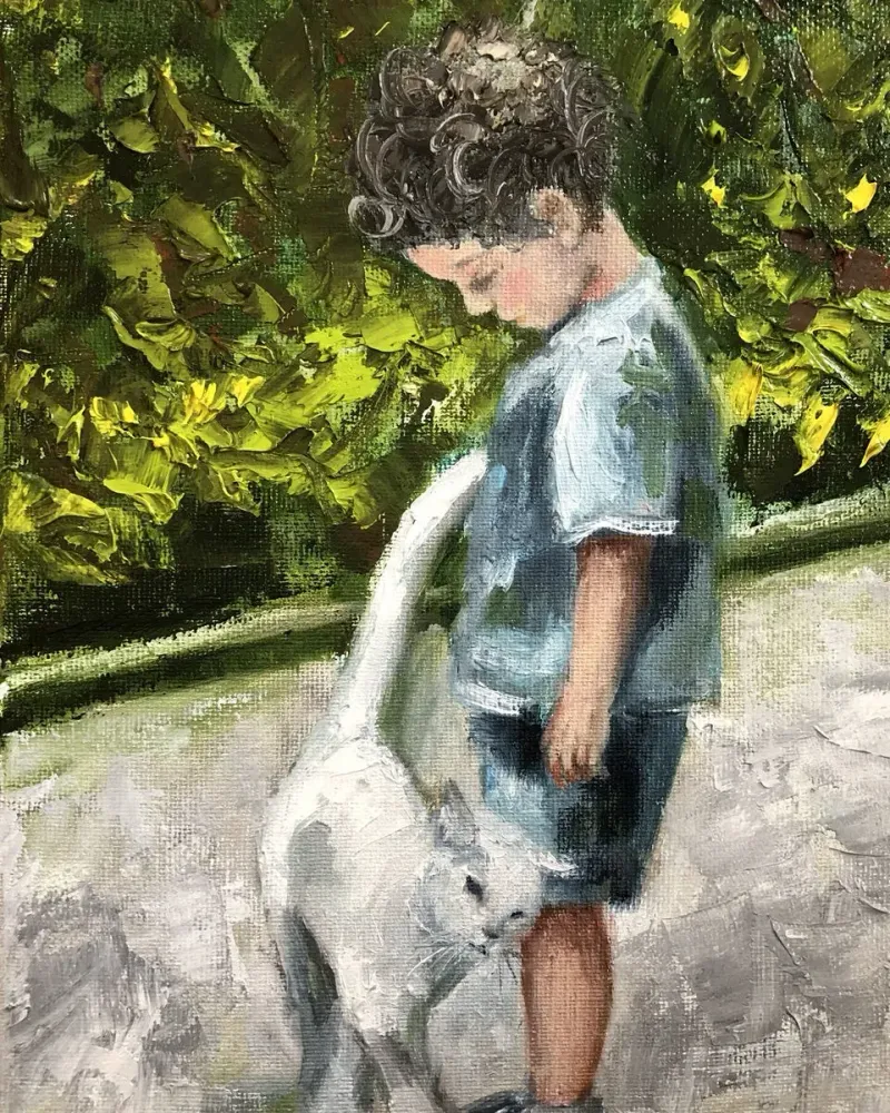Мальчик с котом. Картина маслом 20×30 см — 20×30 см