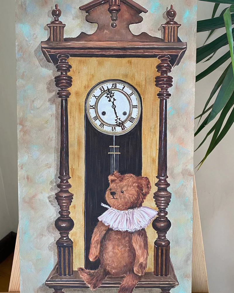 Картина маслом 30×60 “Five o ‘clock” (мишка и часы) — Оригинал