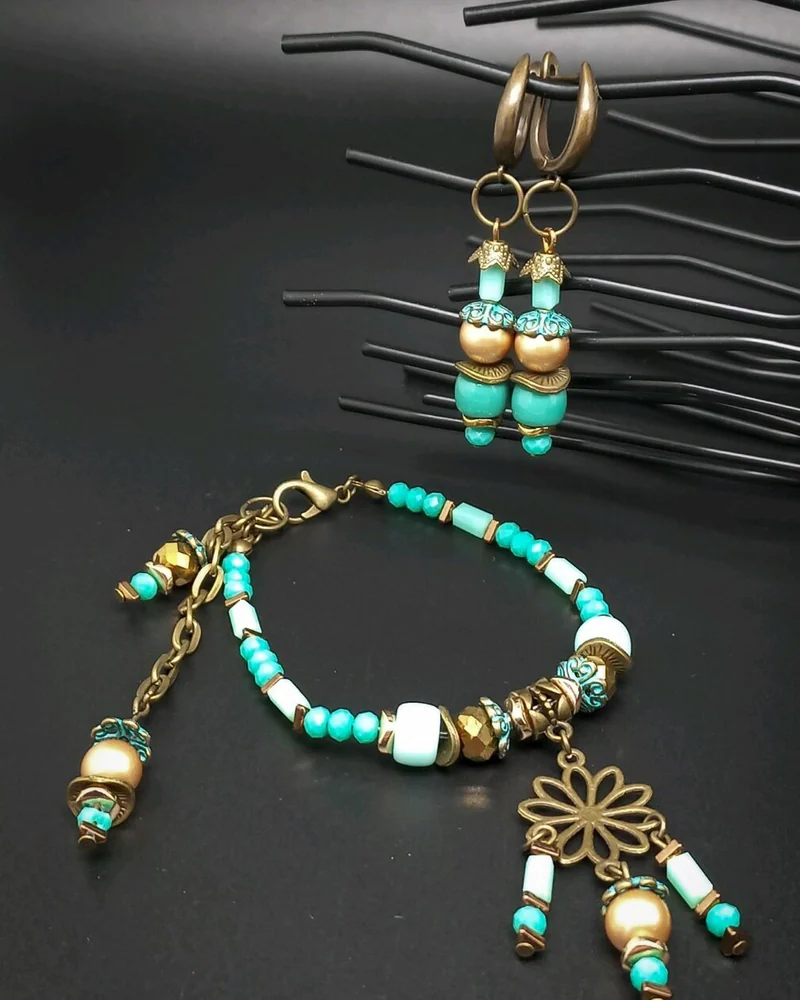 Серьги браслет Антигуа из керамики и стекла бирюзовый 2 комплекта
