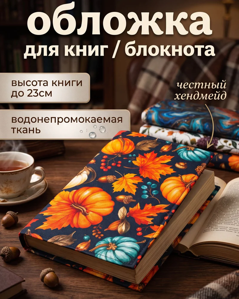 Тканевая обложка для книги A5 с принтом — A5, синий, оранжевый, лазурный