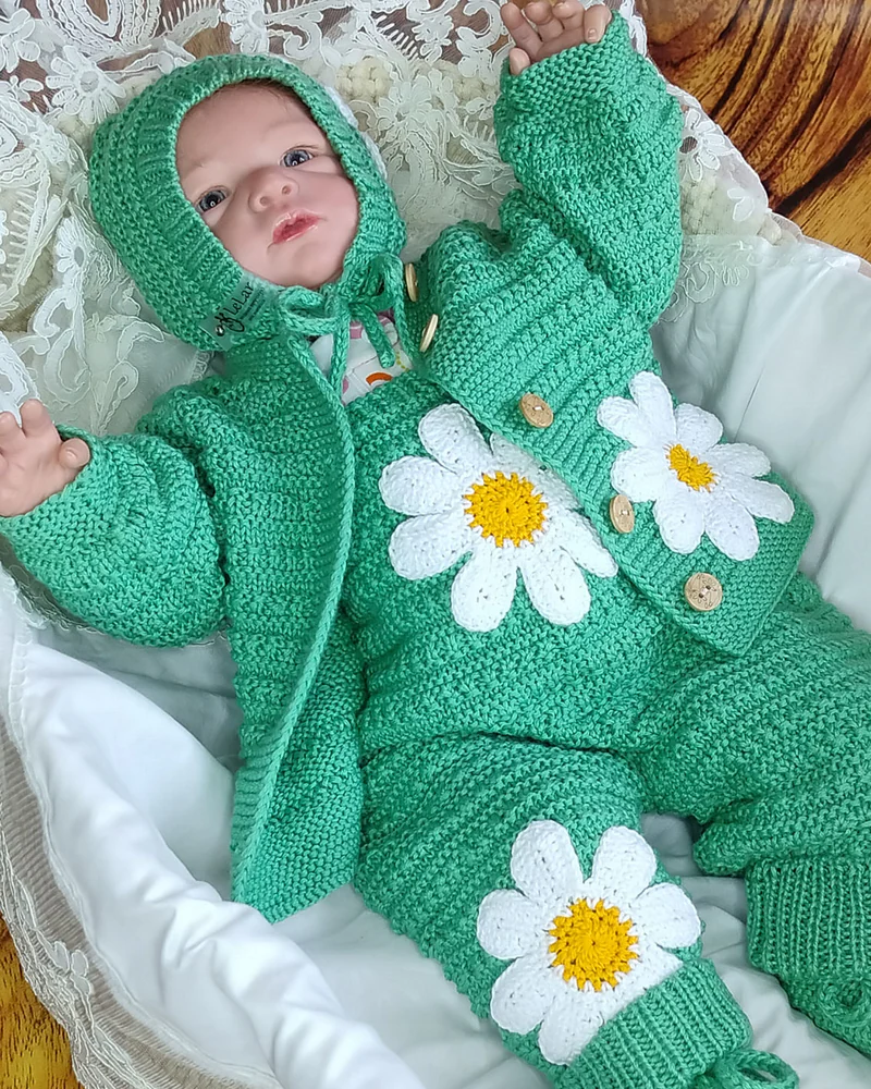 Вязаный комплект одежды из 100% мериноса для младенца, р.62-68, бирюзово-белый