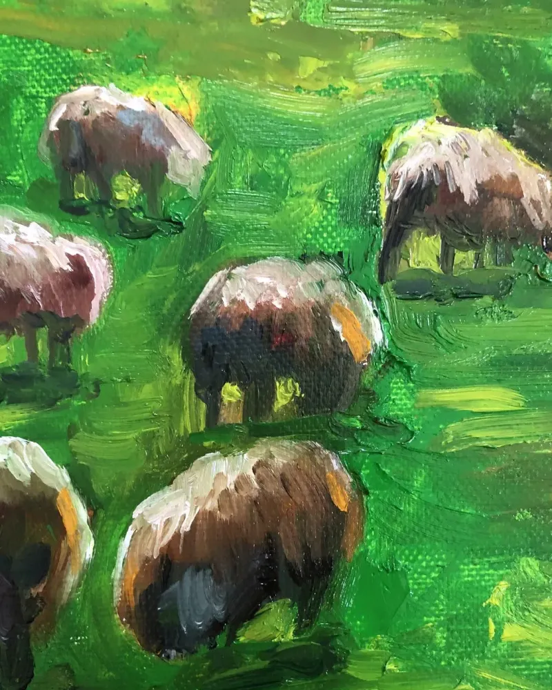 Летний пейзаж с овцами. Картина маслом 40×40 см — 40×40 см