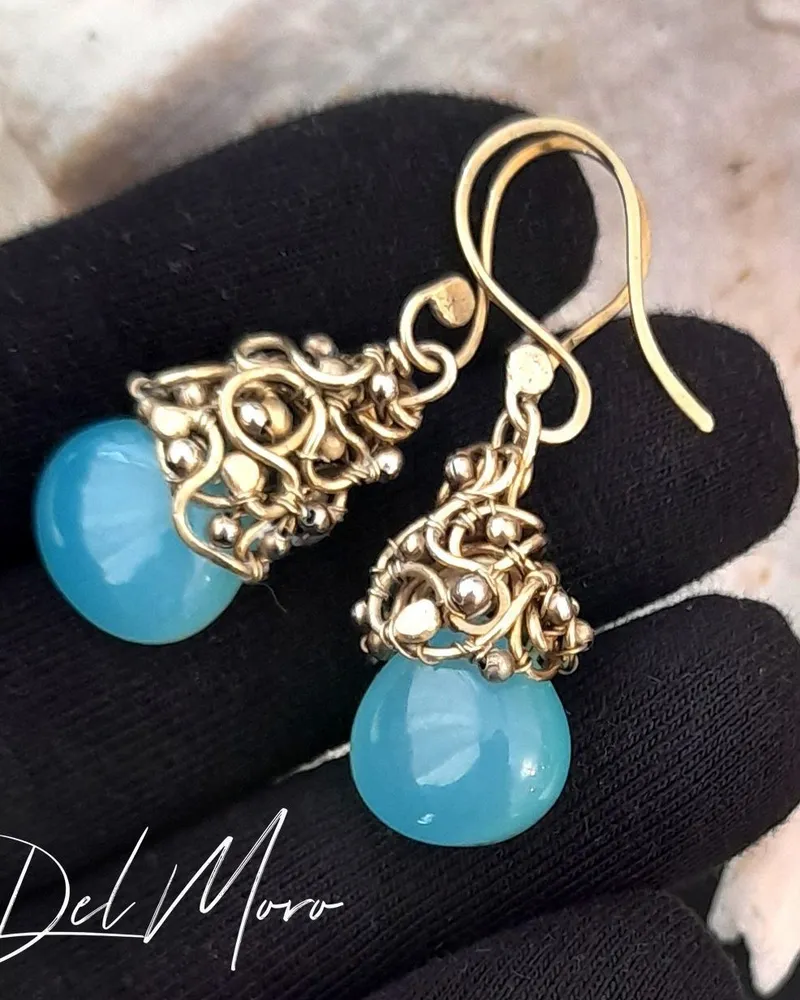 Серьги с камнем аквахалцедон металл латунь "Blue" — голубой