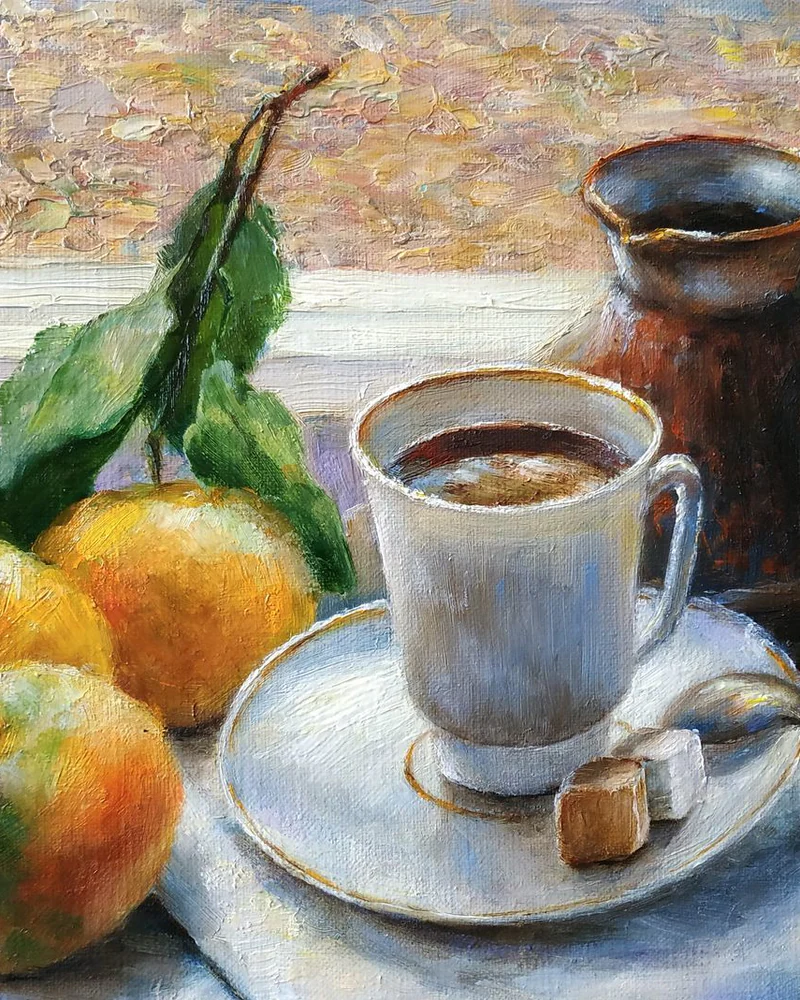 Кофе и мандарины картина маслом на холсте