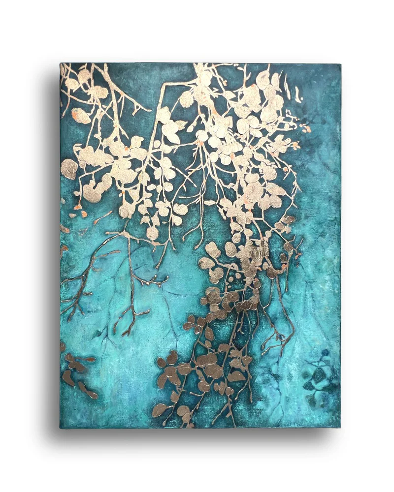 Картина «Ветка» с золочением, 60×80 см, бирюзовая