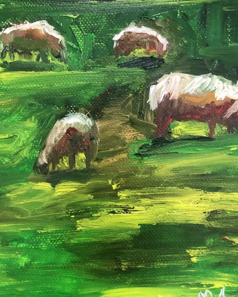 Летний пейзаж с овцами. Картина маслом 40×40 см — 40×40 см