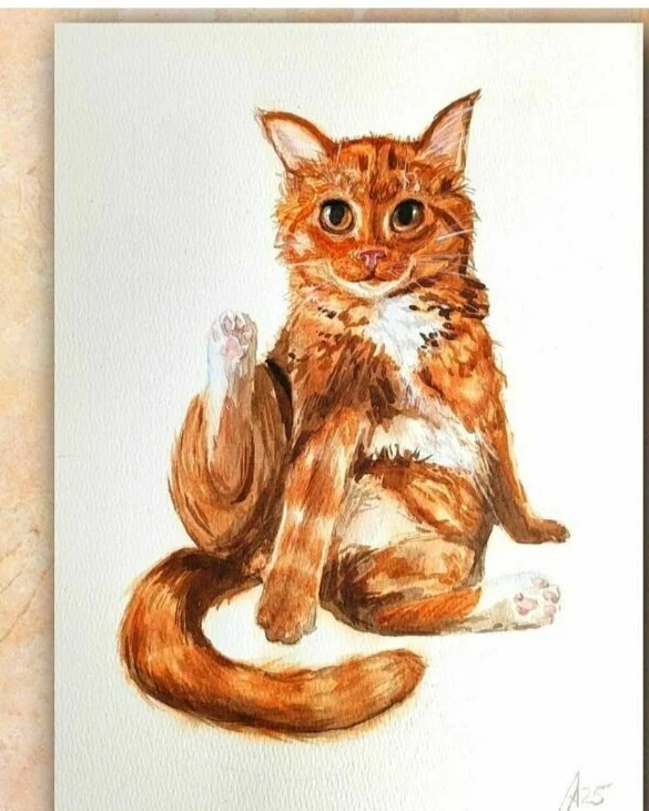 Картина с котом акварель 21 на 29.7 см