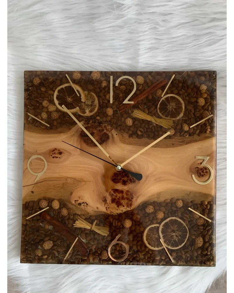 Настенные часы с карагачом, кофе и лимоном — коричнево-золотистые, 45 × 45 см