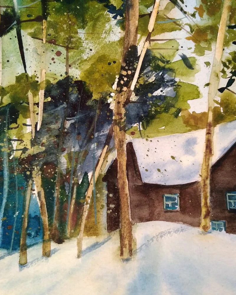 Зима акварелью картина