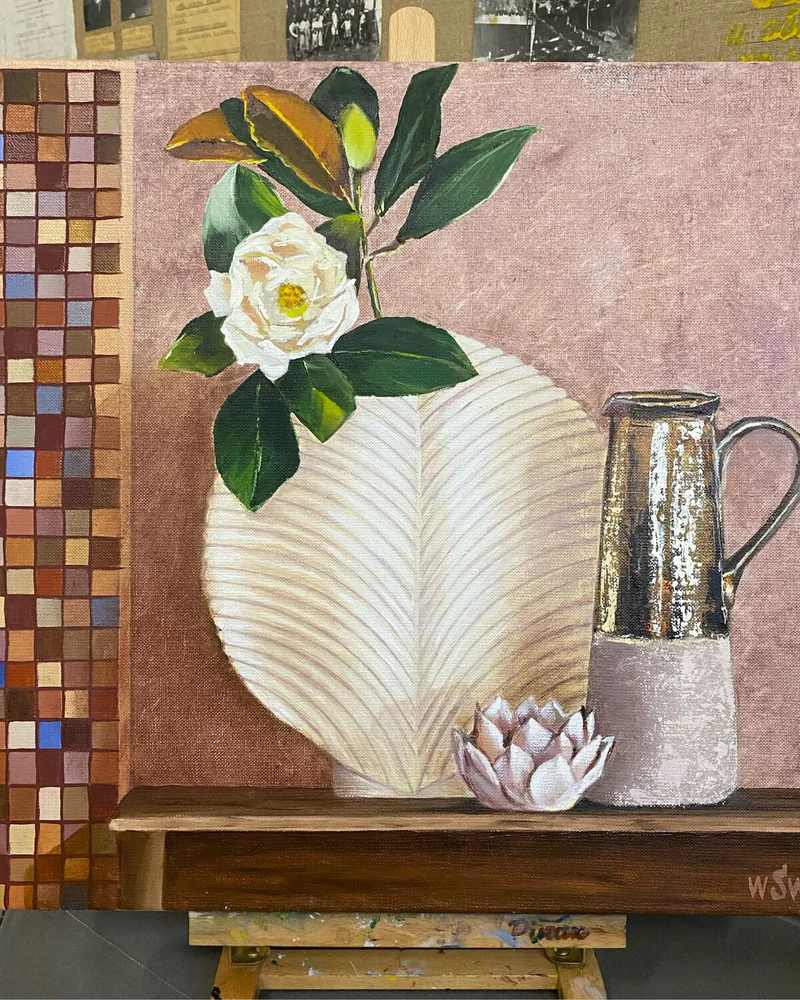 Картина маслом Натюрморт 40×40 см. цветы. Мозаика. Цветы — Оригинал