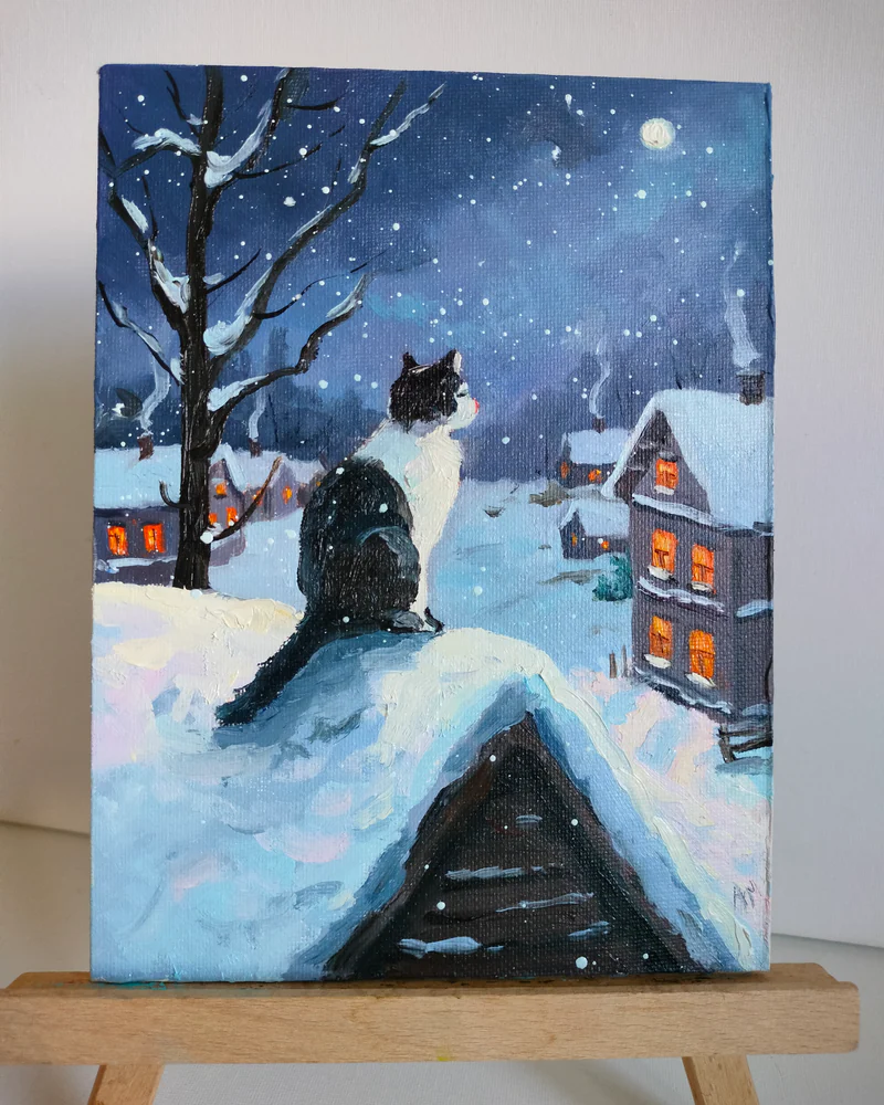 Картина маслом Лунная ночь. Котик — размер 15*20