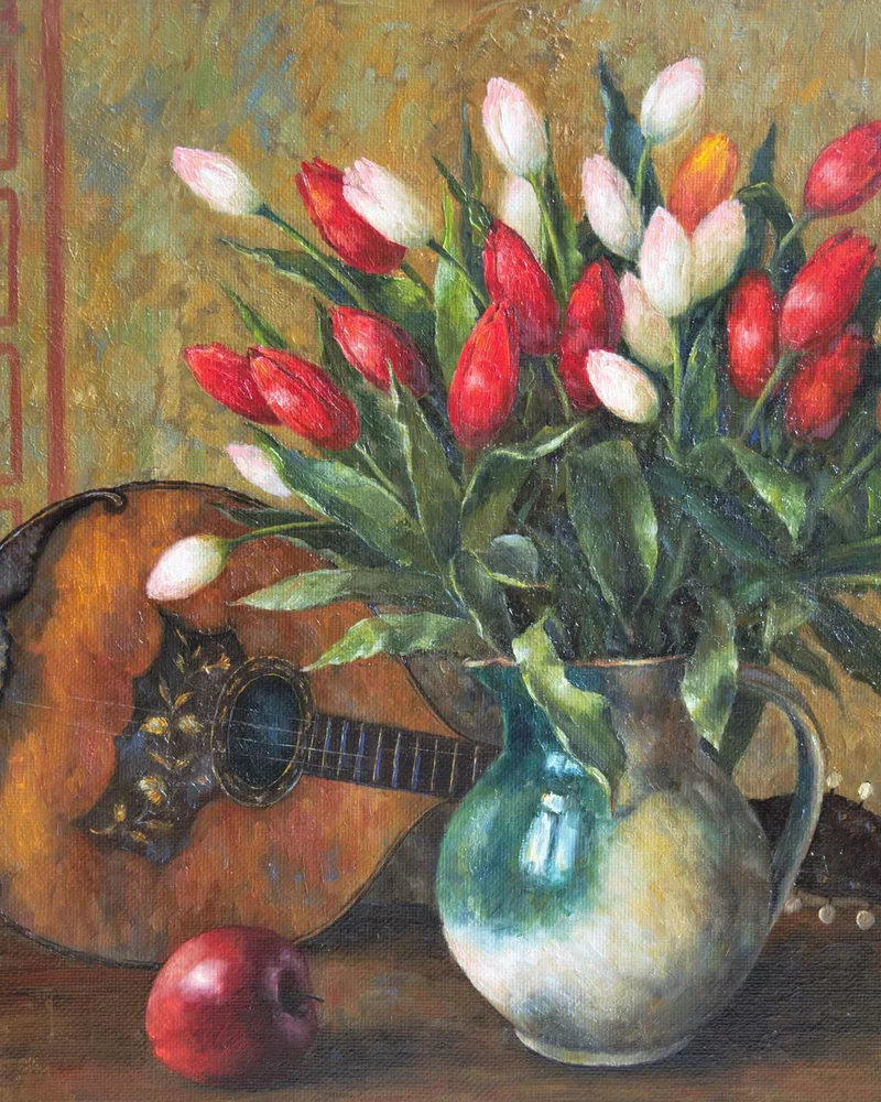 Тюльпаны и мандолина. Холст, масло. 2018