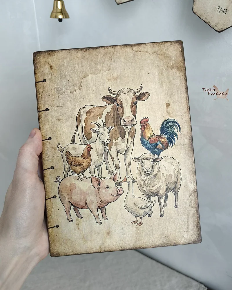 Деревянный блокнот А5 «Farm animals» с коптским переплётом — Farm animals