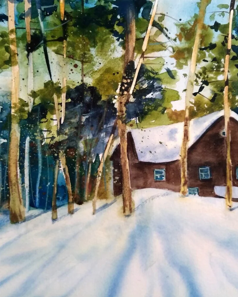 Зима акварелью картина