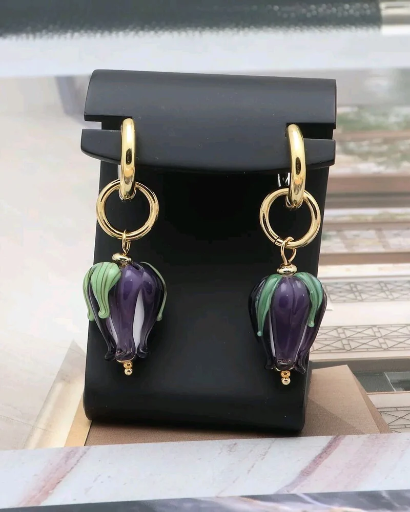 Серьги-кольца с цветами лэмпворк — Фиолетовый