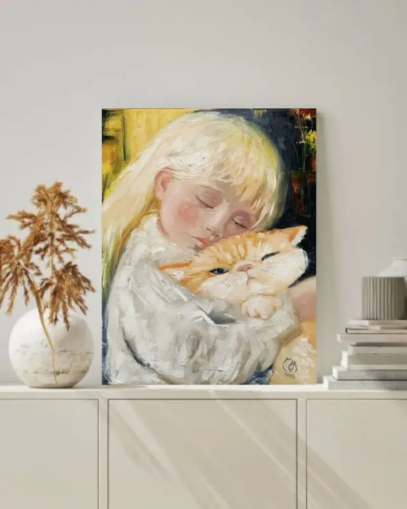 Девочка и рыжий кот. Картина маслом 30×40 см — 30×40 см
