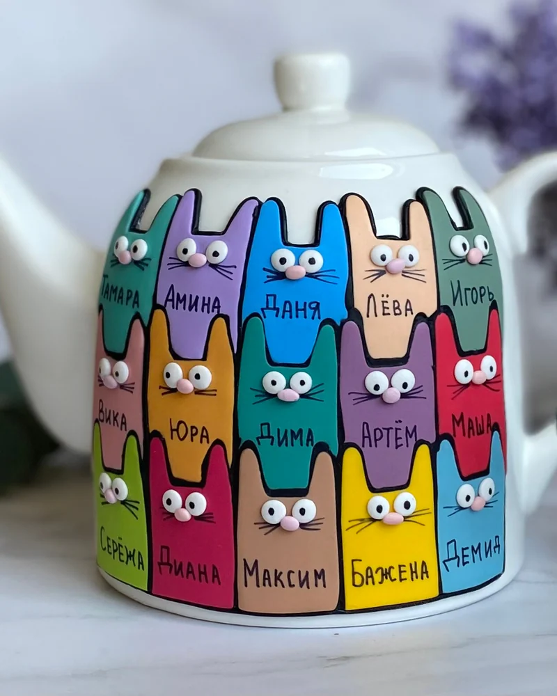 Котики на чайнике (чашке) — декор на посуде