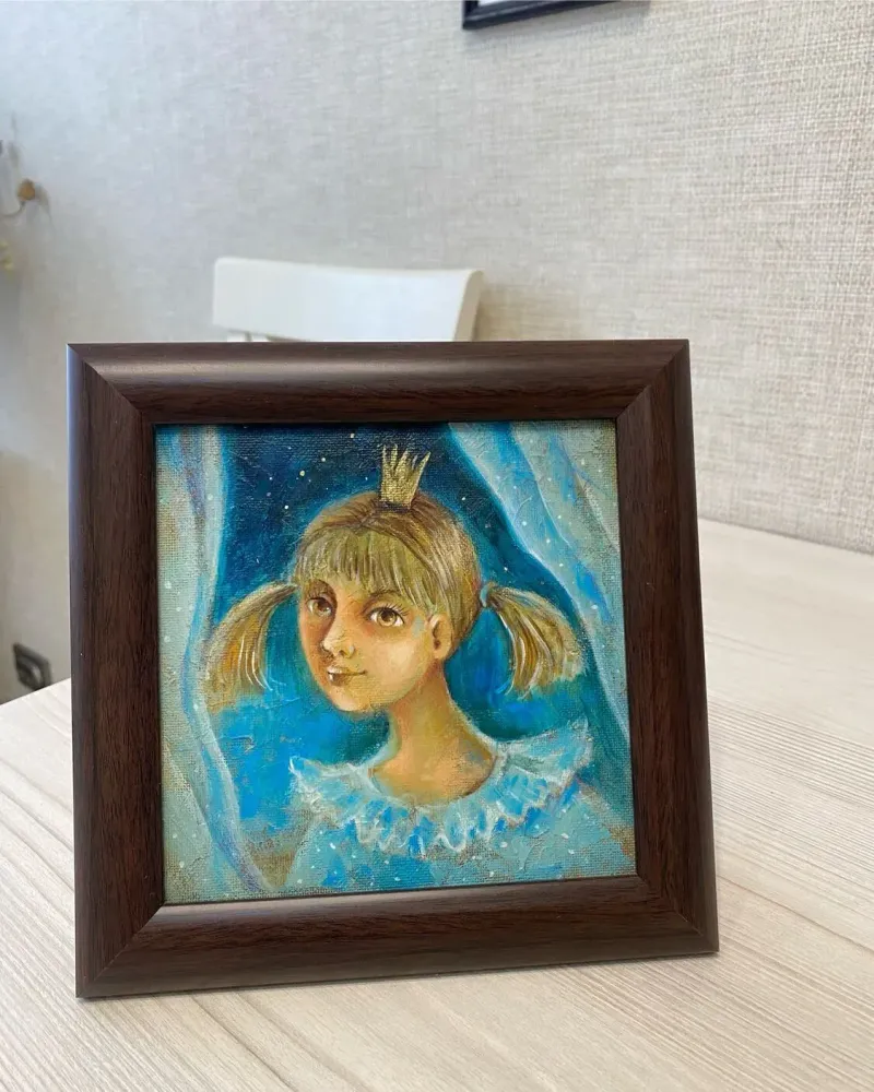 Картина «Принцесса в голубом», акрил, 20×20 см с рамой