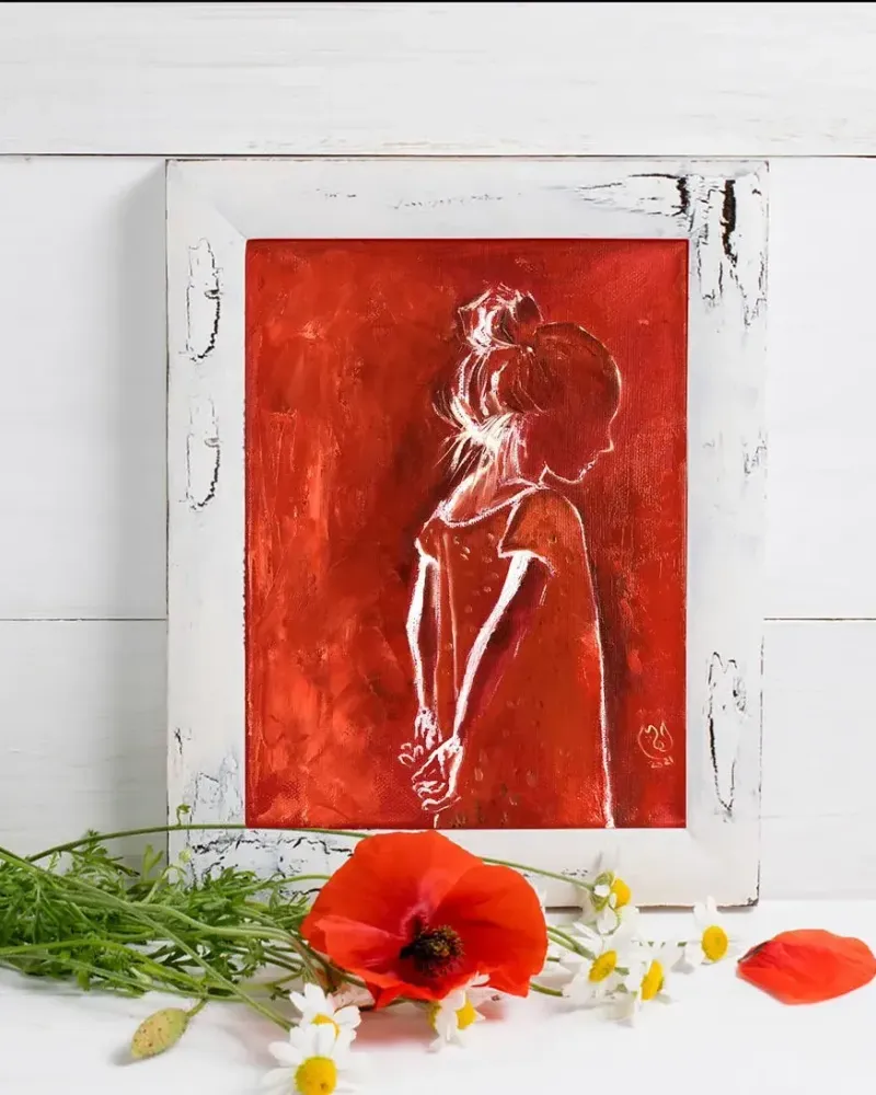 Девочка на красном фоне. Картина маслом 18×24 см — 18×24 см