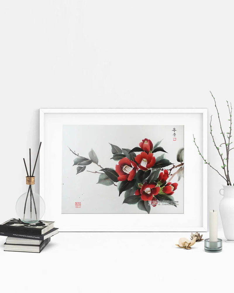 Картина Камелия 50x40 красные цветы Япония Восток Китай