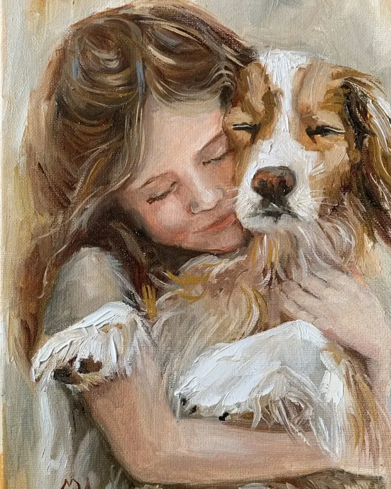 Девочка с собакой. Картина маслом 20×30 см — 20×30 см