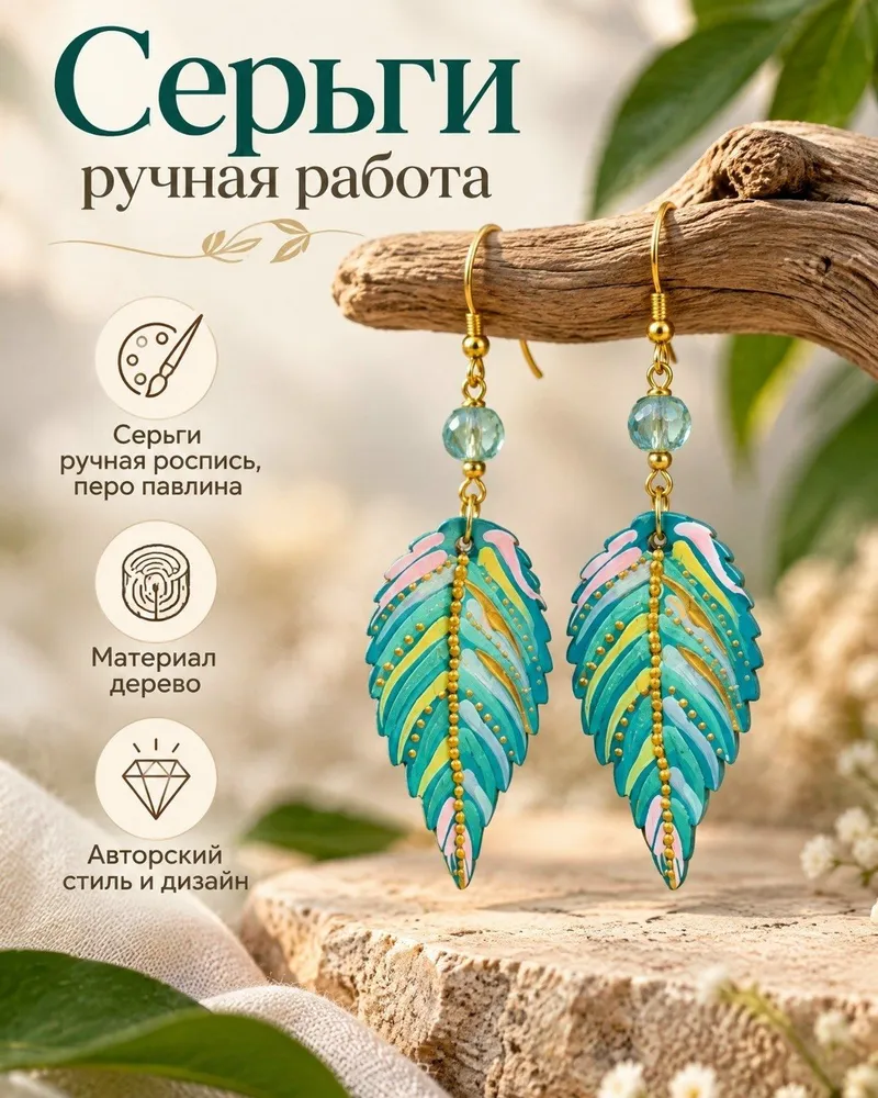 Серьги Перо павлина, ручная работа — Мультиколор — Мультиколор