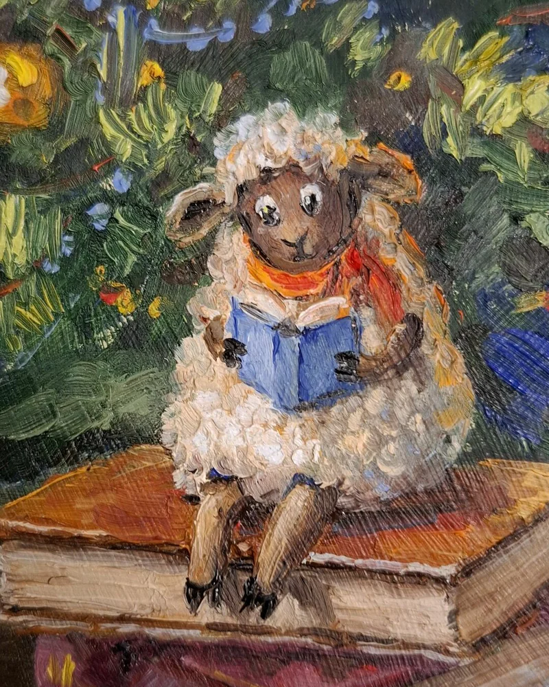 Овечка с книжкой. Миниатюра 15х10