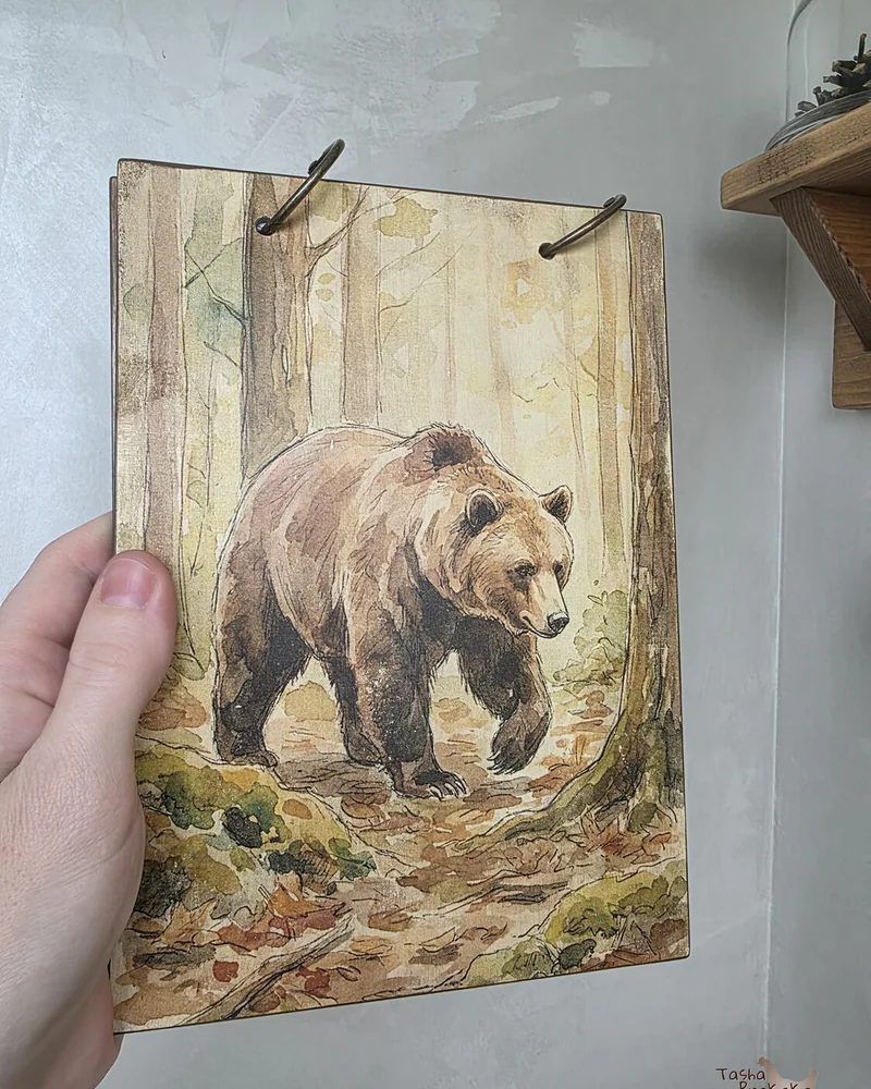 Деревянный блокнот А5 на кольцах в клетку — Bear
