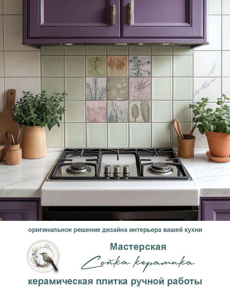 Набор керамической плитки «Травы» — Серо-розовый, сиреневый, бежевый