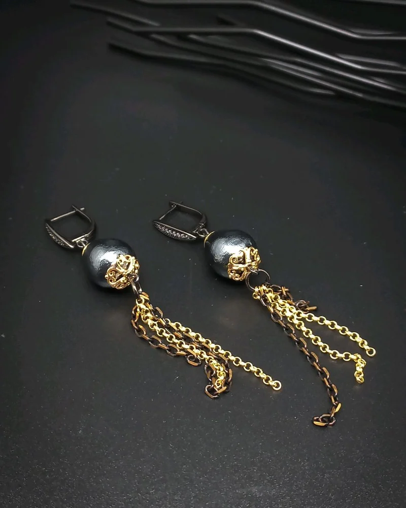 Серьги Black and gold хлопковый жемчуг черный золотой
