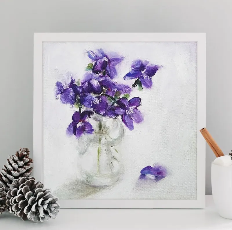 Букет фиалок. Картина маслом 20×20 см