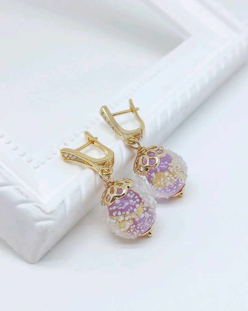 Серьги Нежная сирень бусины лэмпворк фианиты позолота