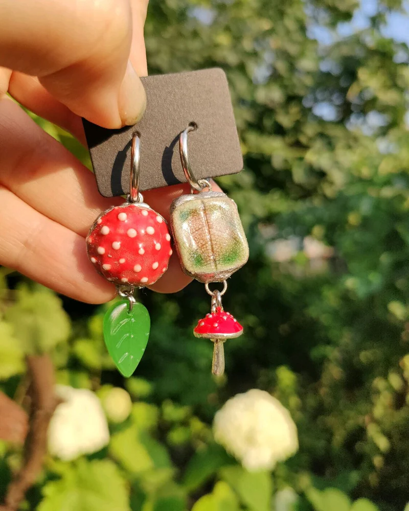 Серьги конго асимметрия керамические "Лес"