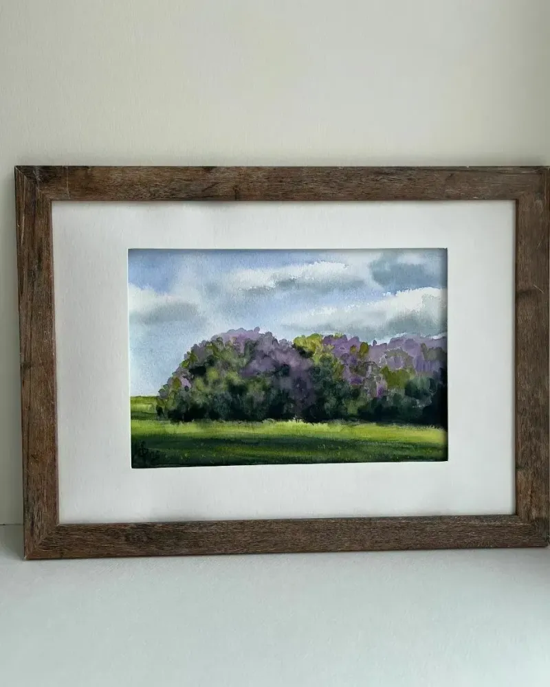 Кусты сирени. Акварель в раме — 14×21 см, в раме