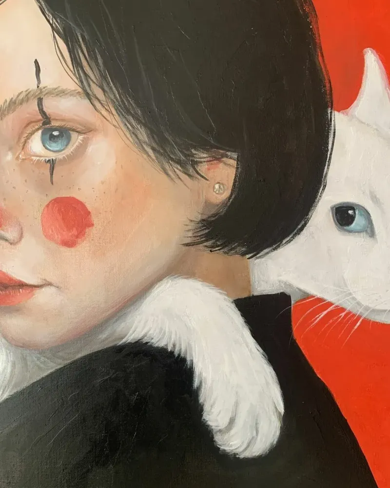 Клоунесса и белый кот. Картина маслом 60×70 см — 60×70 см
