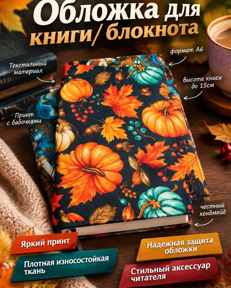 Тканевая обложка для книги и блокнота A6 — A6, сине-оранжевый принт