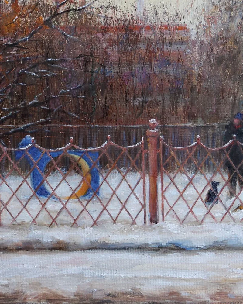 На районе. Вид с остановки "Ул.Богданова,24". Масло, холст